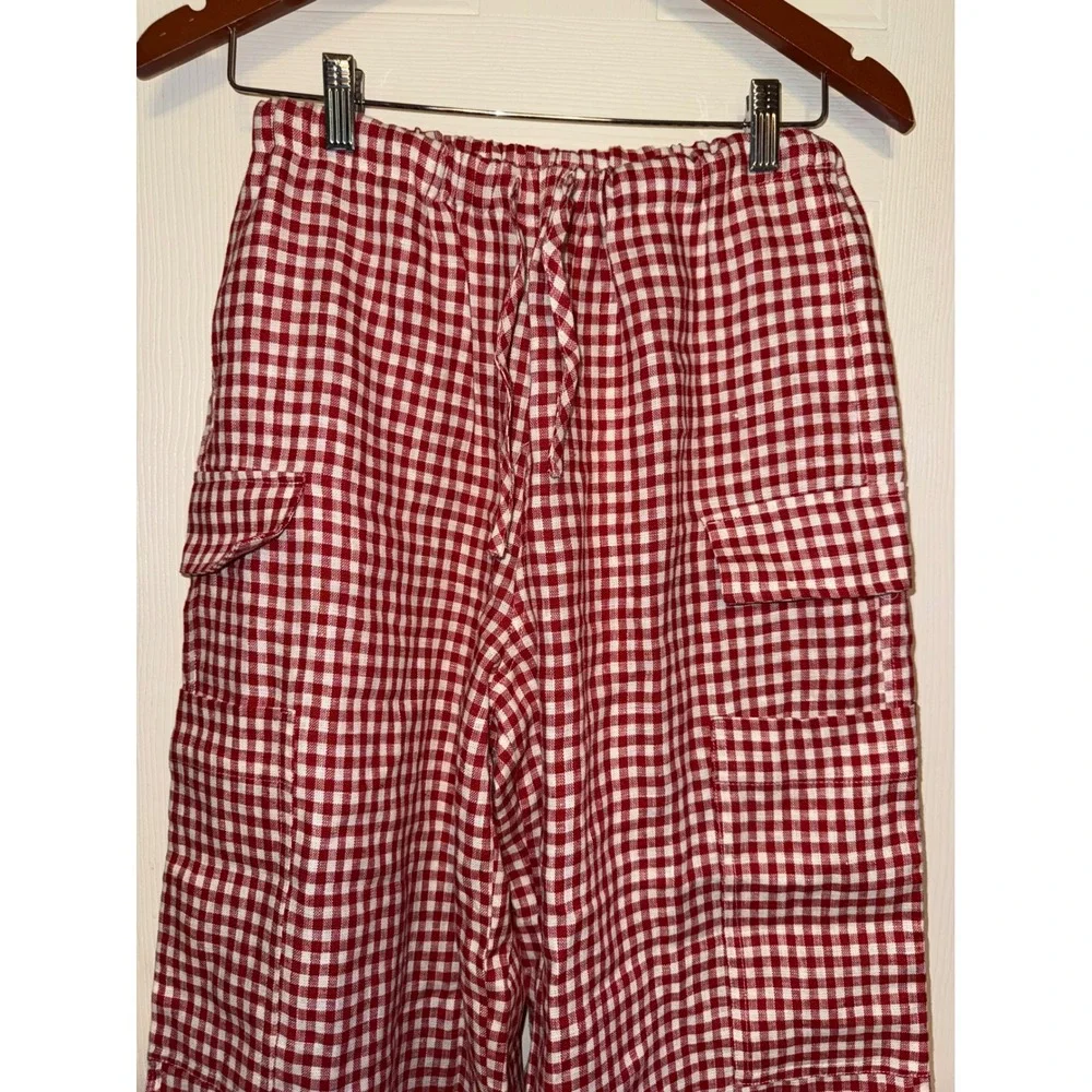 Reformation Ethan Linen Pant Tomato Check Red Gingham Cargo Pants Size S NEW
